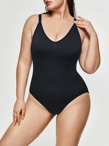 SHEIN Women's Plus Size Shapewear Seamless V-Neck Sexy Low Waist Backless Bodysuit Tummy Control Solid Color Shapewear Summer Hip Lifting Slimming Underwear - Black - View 4