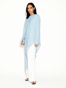 KSTM Asymmetric Flowing Long Sleeve Blouse With Draped Hem And Keyhole Back Detail - Dusty Blue - View 3