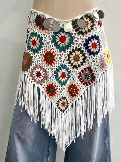 SHEIN Holidaya Women's Crochet Hollow Out Tassel Hem Knit Skirt (Flower Block Color Random)