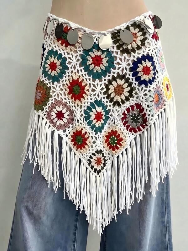 SHEIN Holidaya Women's Crochet Hollow Out Tassel Hem Knit Skirt (Flower Block Color Random)