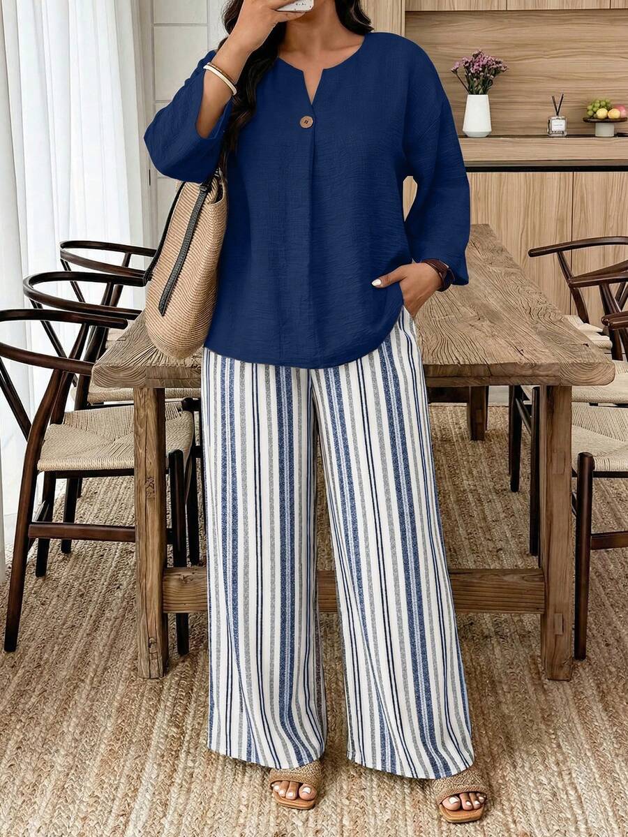 Weeklong Plus Size Women's Solid Color 3/4 Sleeve Button T-Shirt And Striped Pattern Pants 2-Piece Set - Multicolor - View 1
