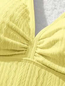 SHEIN MOD Neck Tie Front Ruched Knit Jacquard Pink Swimsuit Top - Yellow - View 5