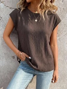 SHEIN LUNE Áo thun nữ màu nâu vải sơ mi vân nhám phong cách thường ngày đa năng - Rỉ Nâu - Xem 4