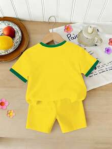 Setelan Pakaian Musim Panas/Musim Semi/Musim Panas/Musim Gugur untuk Anak Perempuan Muda, Kreatif, Personalisasi, Motif Bintang Lima Brasil, Garis Kuning & Hijau, Sisi Dasar Kuning, Garis Ganda Hijau, Huruf, Slogan, Gaya Kasual, Setelan Kaos Pendek + Celana Pendek Biker - MultiWarna - View 5