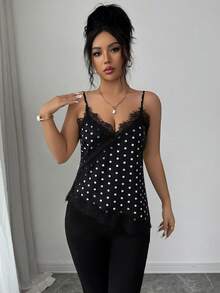 Rafferiza 女款優雅圓點咖啡色蕾絲拼接背心上衣 - 黑色 - 查看 4