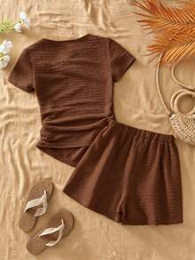 SHEIN Girls Back To School Brown T-Shirt Set Teen (Girl) Designer Asymmetrical Soft Cotton Round Neck - Brown - View 2