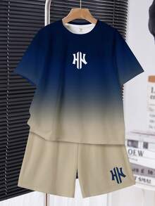 Tween Boy Casual Comfortable Fashion Minimalist Crew Neck Short Sleeve T-Shirt And Shorts Set, Classic Deep Blue Gradient Color Pattern Print, Classic Handsome Logo Pattern Print, Suitable For Vacation, Suitable For Beach - Multicolor - View 3