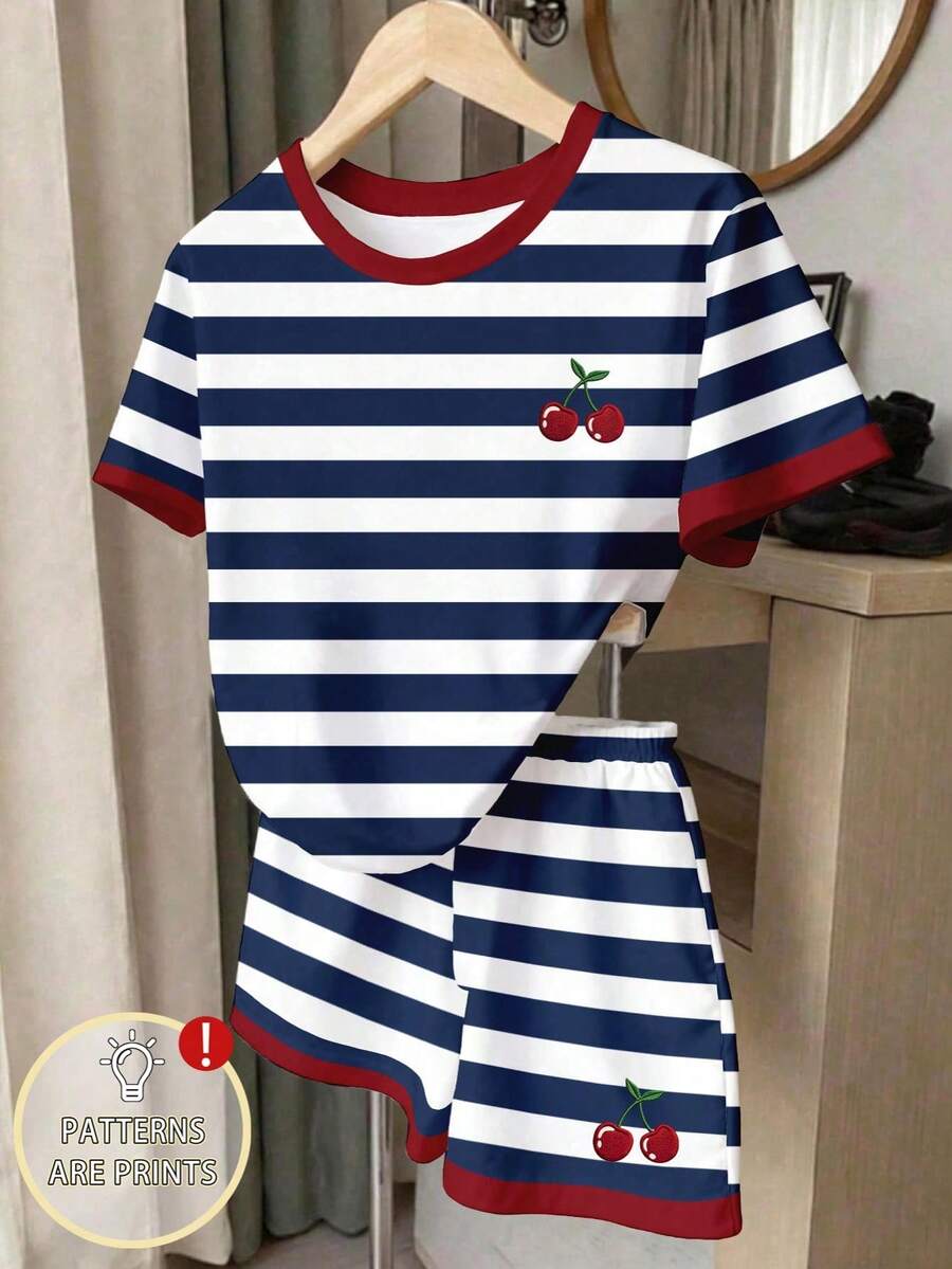 SHEIN 青少年女孩全身印花短褲套裝 藍白條紋休閒套裝 青少年女孩夏季櫻桃印花短袖T恤與短褲 2件組 - 彩色 - 查看 1