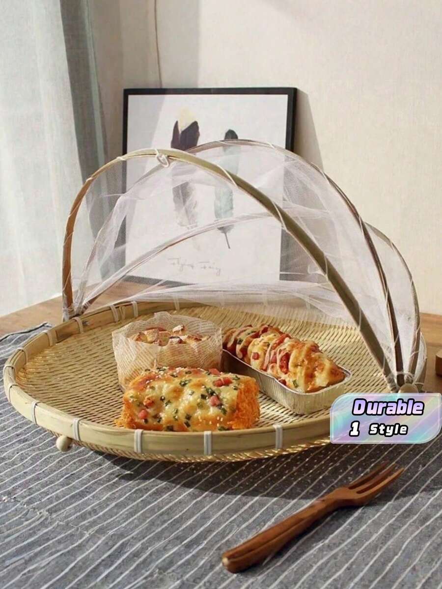 1pc Handwoven Food Service Tent Basket Tray, Fruit Outdoor Cover Insect Bamboo Woven Storage Basket Picnic Scoop Tool - Wood Color - View 1