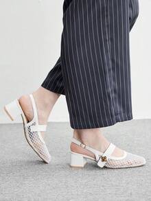 CUCCOO BIZCHIC Women's Fashion High-Heeled Shoes, Buckle Thick Heel Mesh Yarn, Global Four-Season Commuting, Elegant Foundation, Festival Vacation, Office Outdoor Daily Versatile - pure white - View 2
