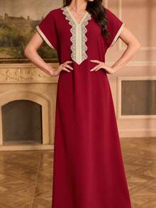 Al Najma Embroidered Collar Flower Shoulder Sleeve Small Stand Collar Elegant Dress - Red - View 5