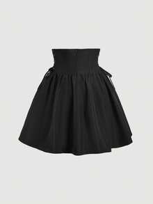 SHEIN MOD Black Fish Bone Waist Cincher Belt Skirt,Summer,Vacation,Going Out,Birthday,Country,Tea Party,Sea,Beach,Wedding,Prom - Black - View 4
