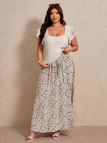 Elaquor Plus Size Women's Square Neck Ruffle Short Sleeve T-Shirt And Beige Side Slit Hem Skirt 2 Pieces Set Brunch Vacation Summer Casual Boho Bohemian White - Multicolor - View 5
