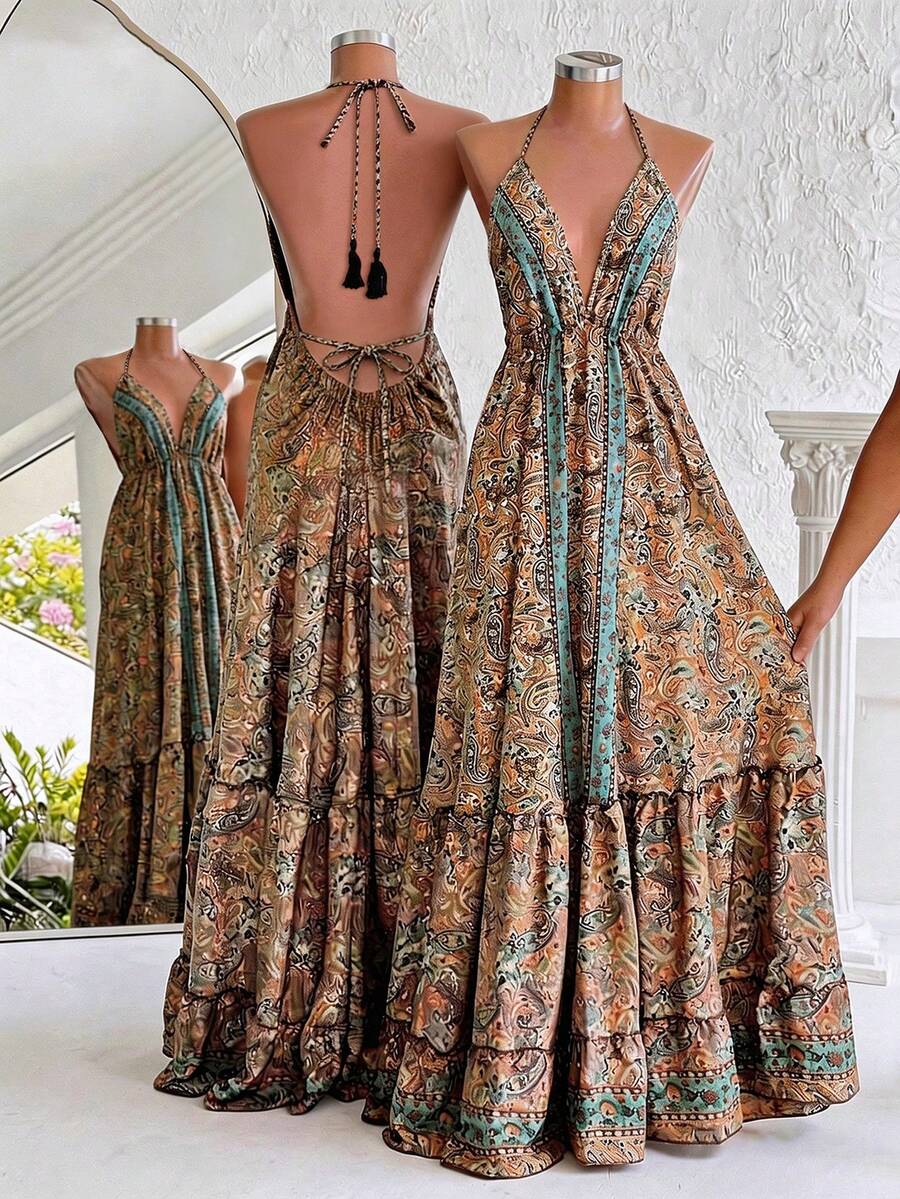 Franclia Plus Size Vacation Ruffle Edge Print Backless Lace-Up Dress - Multicolor - View 1