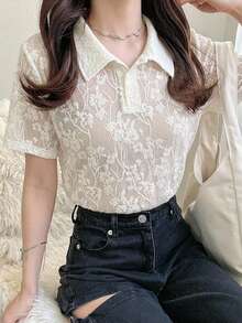 FRIFUL 女款杏色基本款刺繡 Polo 領翻領短袖 T 恤夏季穿著 - 杏色 - 查看 3