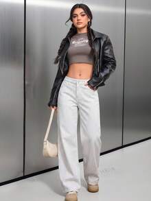 SHEIN ICON 女款條紋時尚口袋鈕扣寬鬆休閒牛仔褲 - 白色 - 查看 4