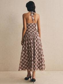 Poéselle Damen kariertes sexy Neckholder-Maxikleid mit tiefem V-Ausschnitt - Weiss - Übersicht 4
