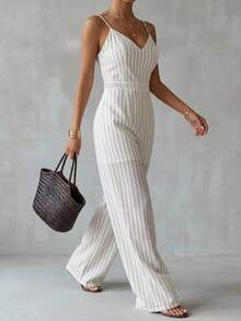 Livesso Combinaison blanche pour femmes, débardeur, style décontracté d'été, rayures, mariage, vacances, tropical, business décontracté - Beige - Voir 4