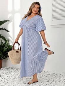 SHEIN CURVE+ Plus Size Women's Puff Sleeve V-Neck Loose Striped Dress - Blue - View 8