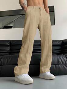 Manfinity Hypemode Pantalones rectos con bolsillos en ángulo para hombres, otoño - Caqui - Ver 6