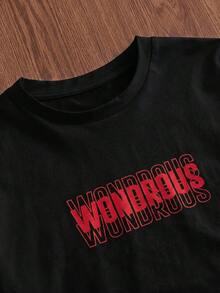SWAVVY Loose Men's Elastic Knit T-Shirt With Slogan Print - Black - View 3