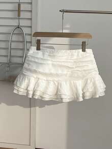 Elamini Women's Asymmetrical Ruffle Hem Fashion Versatile Mini Skirt - White - View 2