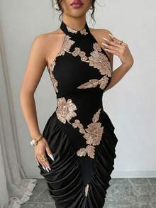 Modelyn Brown Mesh Jacquard Embroidered Backless Halter Neck Slim Fit Ruched Gathered Design Fashionable Elegant Long Dress - Black and Gold - View 3