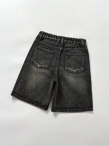 青少年男孩時尚休閒 Y2K 復古萬聖節蜘蛛圖案黑色寬鬆牛仔短褲 - 黑色 - 查看 2