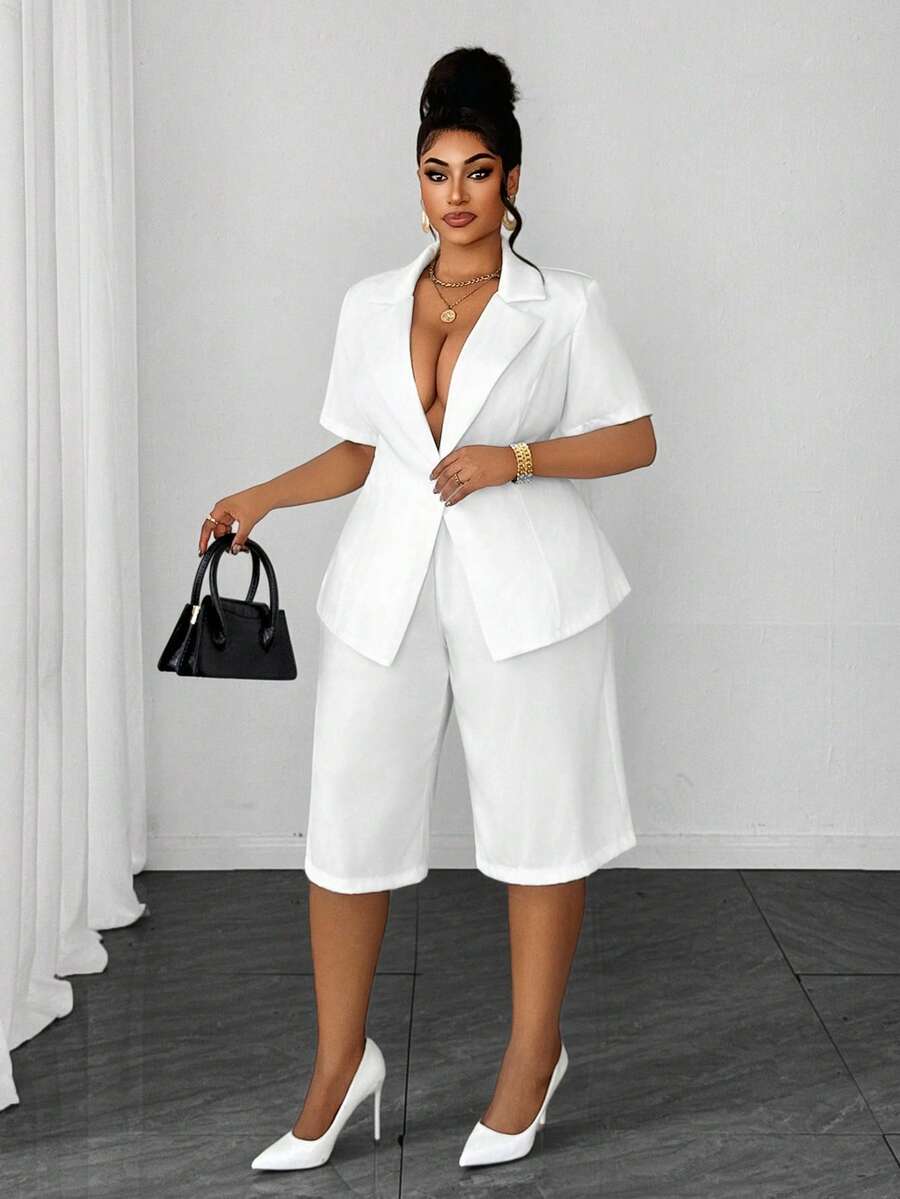 Maweii Plus Size Women's Minimalist Commuter Lapel Blazer Short Sleeve Shorts Solid Color 2-Piece Set - White - View 1