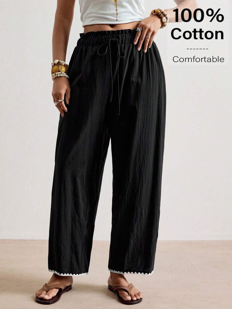 Freevana Pantalones largos casuales y versátiles de talla grande para mujer, unicolor, con cintura con cordón, para uso diario - Negro - Ver 1