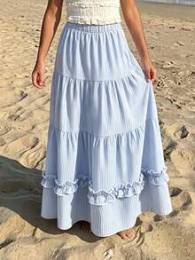 Girls' White Umbrella Skirt With Voluminous Hem, Long Length, Minimalist Japanese Style Elegant Ruffled Hem Versatile A-Line Skirt - Blue - View 2