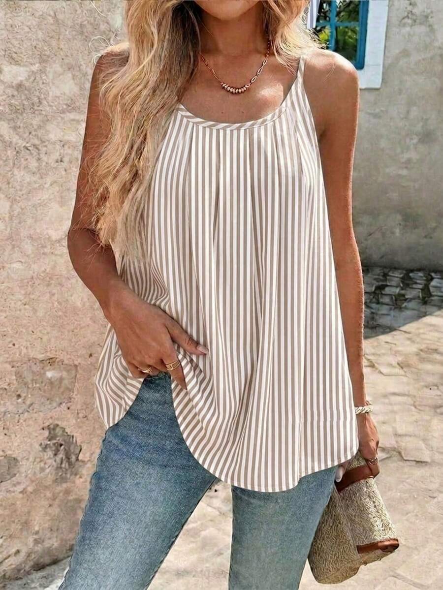 SHEIN Clasi 女款度假條紋休閒寬鬆細肩帶背心上衣 - 卡其色 - 查看 1