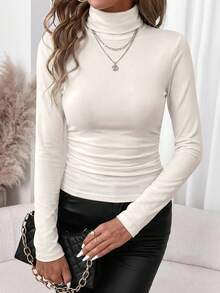 SHEIN Clasi 女款素色高領長袖修身保暖內裡休閒T恤 - 卡其色 - 查看 4