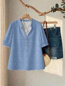 EMERY ROSE Plus Size Women's Striped Colorblock Notch V-Neck Casual Versatile Daily Outing Shirt - Multicolor - View 3