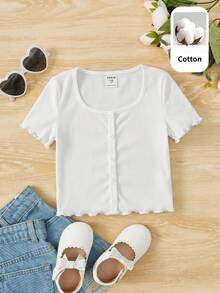 SHEIN LMoss Kids 女童針織素色方領修身休閒T恤 - 白色 - 查看 4