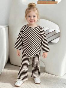 Baby Girl Casual Striped High-Neck Asymmetrical Hem T-Shirt And Flared Pants Set, Autumn/Winter Style - Khaki - View 5
