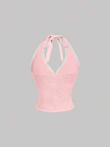 SHEIN MOD 女款對比蕾絲時尚掛脖上衣 - 粉色 - 查看 4