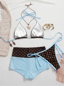 Swim Mod 2026 Spring/Summer Vacation Beach Brown Polka Dot Halter Bikini Set With Shorts 3-Piece Tropical - Multicolor - View 3