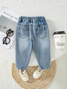 Pantalones largos de mezclilla para bebé niño, nuevos para verano, estilo casual lindo y juguetón, color azul claro vintage con efecto desgastado, proceso de lavado desgastado, cintura alta elástica lateral, ajuste entallado y cónico, tela de mezclilla de algodón fino suave y amigable con la piel, versátil para combinar con camiseta, uso diario, salidas, hogar, viajes, primavera y verano - Azul lavado medio - Ver 3
