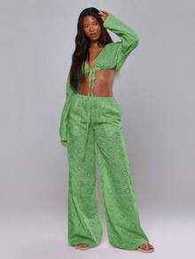 MUSERA Tie Front Broiderie Anglaise Wide Leg Trousers Cover Up Beach Swim Summer Vacation Holiday Festival Cute Boho Casual Elegant Green Birthday Party - Mint Green - View 5