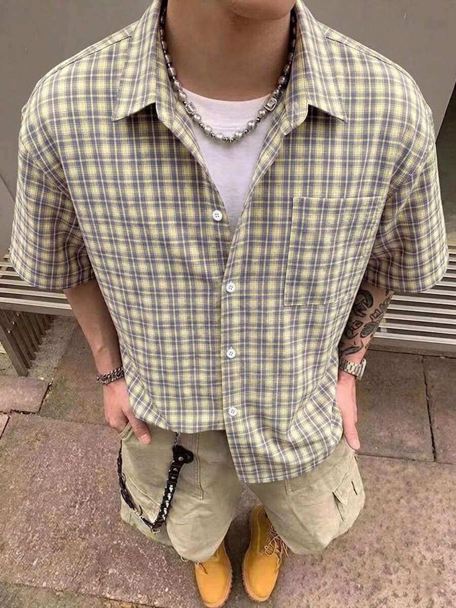 STEELVANCE 男士小格紋短袖襯衫,單口袋經典款,適合正式或休閒場合,休閒度假、用餐聚會、簡約辦公、居家休閒等多功能穿搭,適合自穿或送禮給朋友,熱銷舒適面料襯衫 - 彩色 - 查看 1