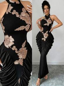 Modelyn Brown Mesh Jacquard Embroidered Backless Halter Neck Slim Fit Ruched Gathered Design Fashionable Elegant Long Dress - Black and Gold - View 4
