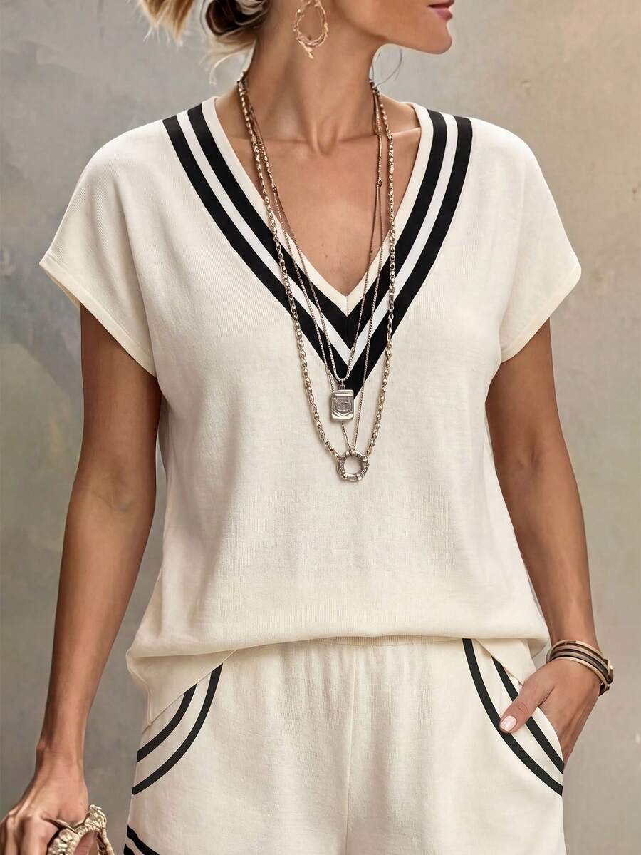 Louniche 女款條紋V領短袖上衣 波希米亞度假風寬鬆襯衫 - 米色 - 查看 1