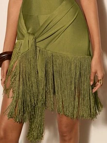 COSMINA Damen Lässig Neckholder Ärmellos Strick Hellorange Quasten Bindung Kurzes Kleid - Grün - Übersicht 6