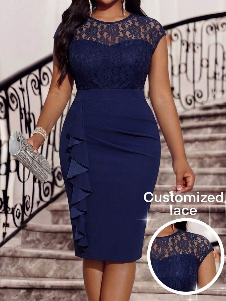 SHEIN Lady Plus Size Women's Contrast Lace Cap Sleeve Pleated Ruffle Trim Fitted Elegant Sexy Dress Cocktail Evening Formal Navy Blue Summer Wedding - Navy Blue - View 1