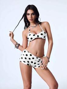 Y2Kool Conjunto de Top de Tirantes & Bikini para Mujer Estilo Casual Dark Street Vintage American Punk Y2K Hot Girl con Bloques de Color Beige & Negro y Lunares, Adecuado para Fiestas de Primavera/Verano, Vacaciones, Playa de Isla, Festivales de Música, Festivales de EDM - Blanco y Negro - Ver 4