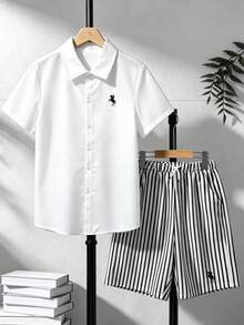 Teen Boy White Short Sleeve Shirt & Striped Shorts Set For Daily Wear, Outdoors, Commuting, Trips, Holidays, Travel, Weddings & Back To School - Black and White - View 6