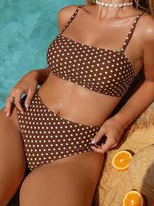 Swim Mod 2026 New Spring/Summer Plus Size 2-Piece Reversible Polka Dot Random Print Bandeau Bikini Set With Detachable Shoulder Straps For Women Beach Vacation - Multicolor - View 7