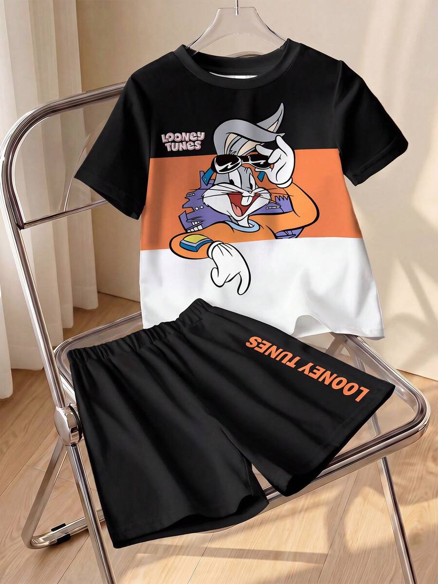 LOONEY TUNES X SHEIN 2件套男童休闲字母卡通印花短袖T恤和短裤套装 - 白色 - 查看 1