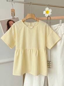 SHEIN EZwear 淡黃色條紋編織女款短袖襯衫 - 淡黃色 - 查看 11